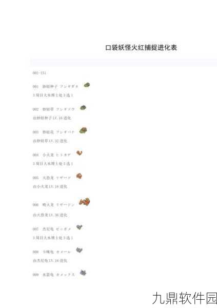 口袋妖怪火红精灵捕捉地点与进化等级全解析