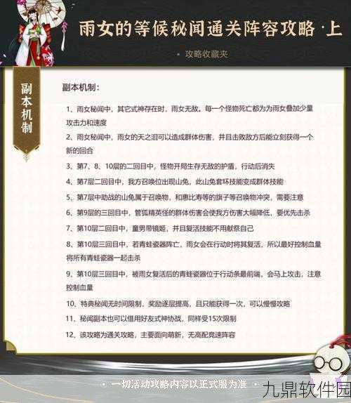阴阳师雨女副本层攻略,深度解析战斗技巧与最佳配置策略